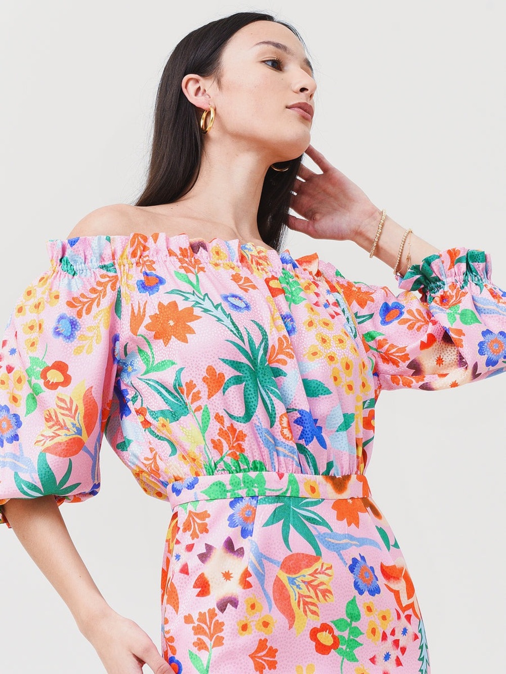 SALONI Pink Off-Shoulder Floral Midi Dress Silk 10 New